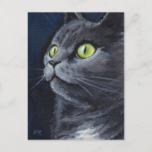 Jämna Grönt Eyed Blue Grått Cat Porträtt Vykort