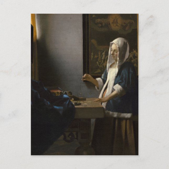 Jan Vermeer, kvinnainnehav en balanseravykort Vykort (Framsida)