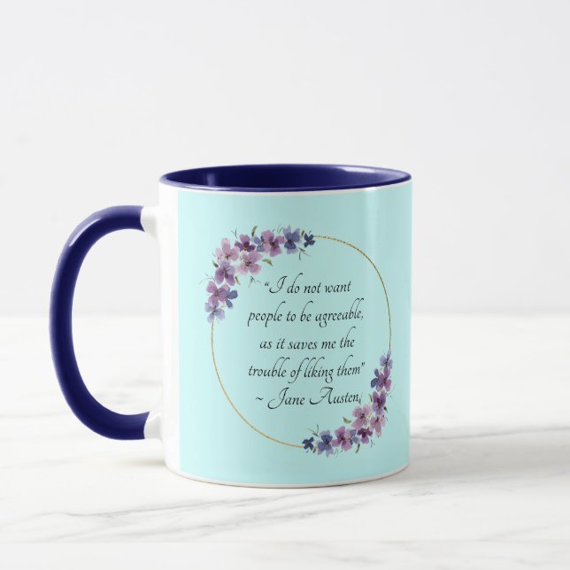 Jane Austen-citat med lila blommor och guldram Mugg (Vänster)