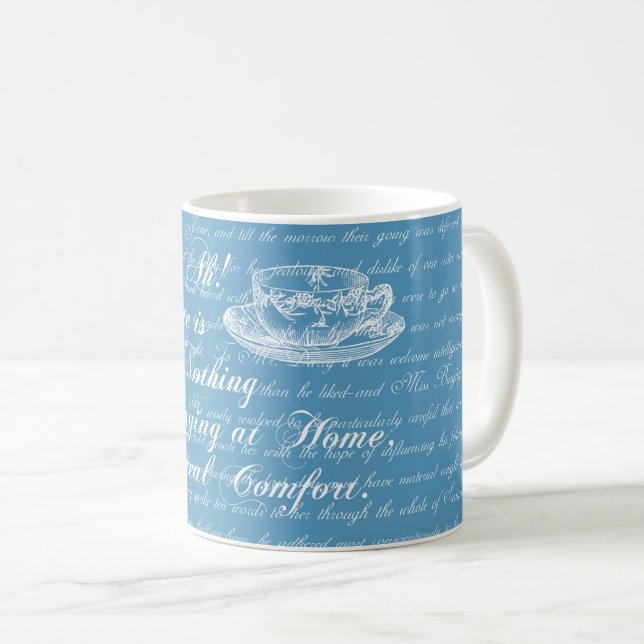 Jane Austen hem- textblått och vitmugg Kaffemugg (Framsida höger)