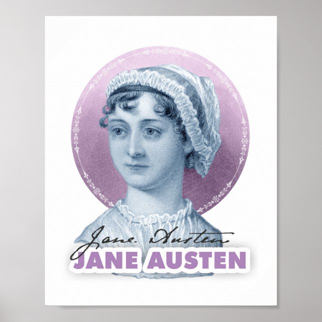 Jane Austen Porträtt och Namnteckning Rosa Poster (Framsidan)