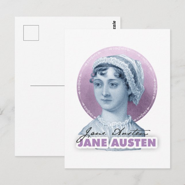 Jane Austen Porträtt och Namnteckning Rosa Vykort (Fram/baksida)