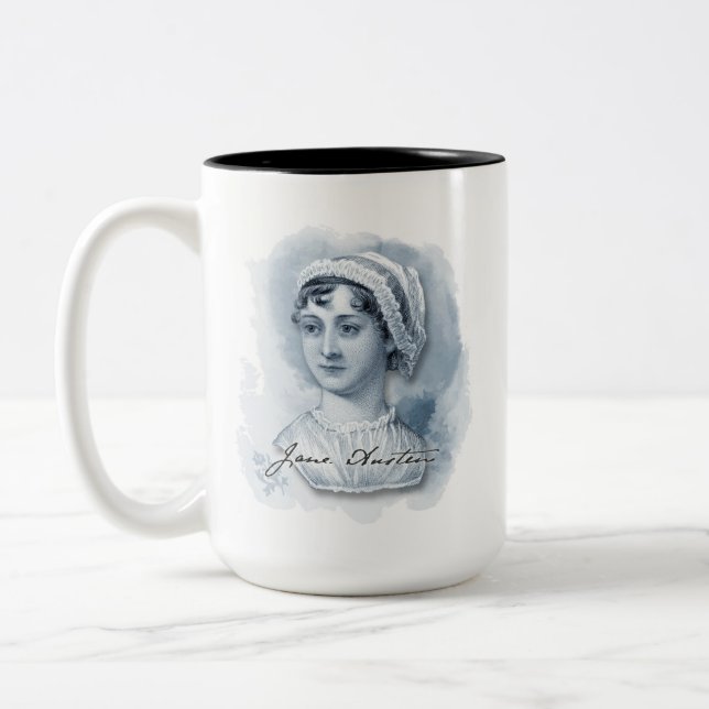Jane Austen Porträtt och Namnteckning Två-Tonad Mugg (Vänster)