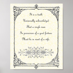 Jane Austen Pride och Prejudice First Line Quote Poster