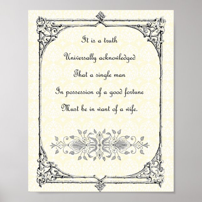 Jane Austen Pride och Prejudice First Line Quote Poster (Framsidan)