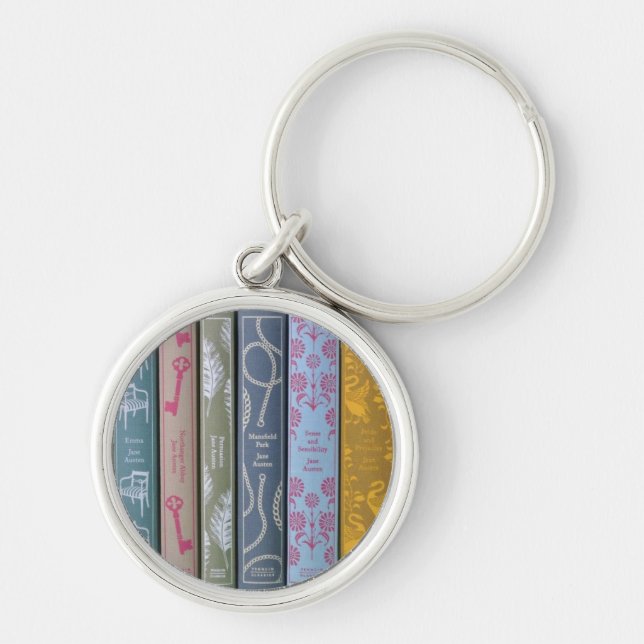 Jane Austen's Novels on a  Keychain Rund Silverfärgad Nyckelring (Framsidan)