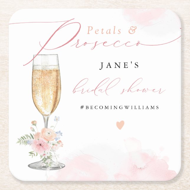 JANE Blush Blomblad & Prosecco Bröllopsfest Underlägg Papper Kvadrat (Framsidan)