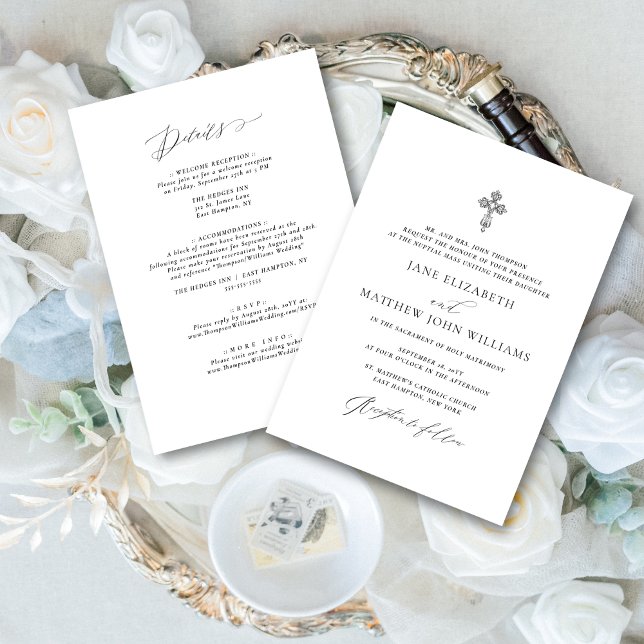 Jane Catholik Wedbjudande med OSA Inbjudningar (This all-in-oneCatholic wedding invitation includes a detail section on the back.)