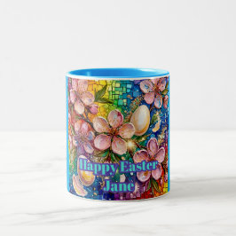 ~ JANE ~ GLAD PÅSK ~ Blommor Ägg ~ Två-Tonad Mugg