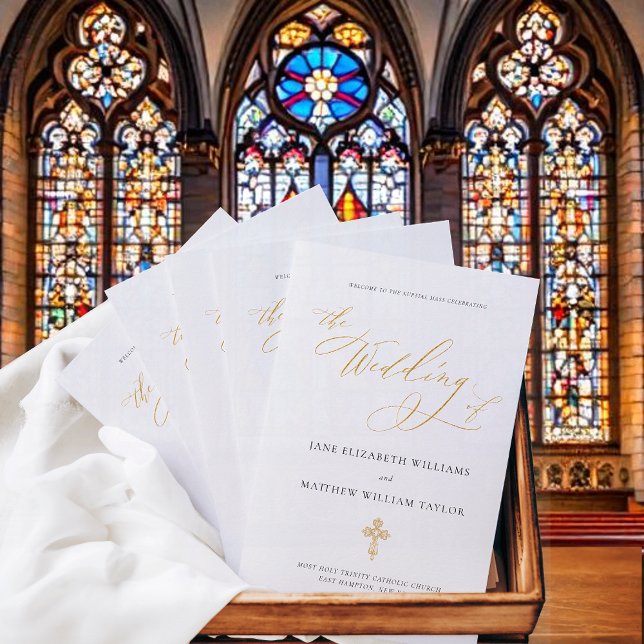 Jane Gold Full Mass Katolsk Bröllopsprogram (Simple Catholic wedding program for full mass with  elegant gold, calligraphy script and cross)