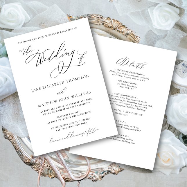 Jane katolsk bröllopsinbjudan med RSVP Inbjudningar (This elegant, all-in-one- invite has a romantic elegance thanks to the flowing calligraphy script)