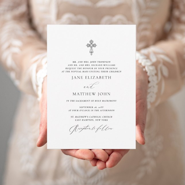 Jane Simple katolsk bröllopsinbjudan med RSVP Inbjudningar (This Catholic wedding invite has a romantic elegance thanks to the vintage cross & elegant script.)