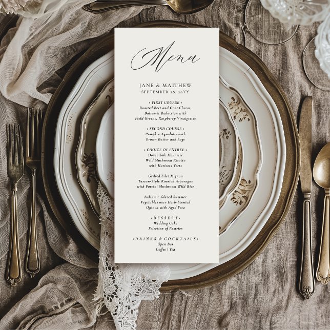 Jane Simple Modern Elegant Black Script Bröllop Meny (This elegant wedding dinner menu features a handwritten calligraphy script font)