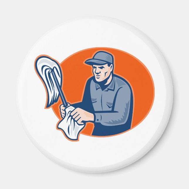 Janitor Cleaner with Mop Städning Retro Magnet (Framsidan)