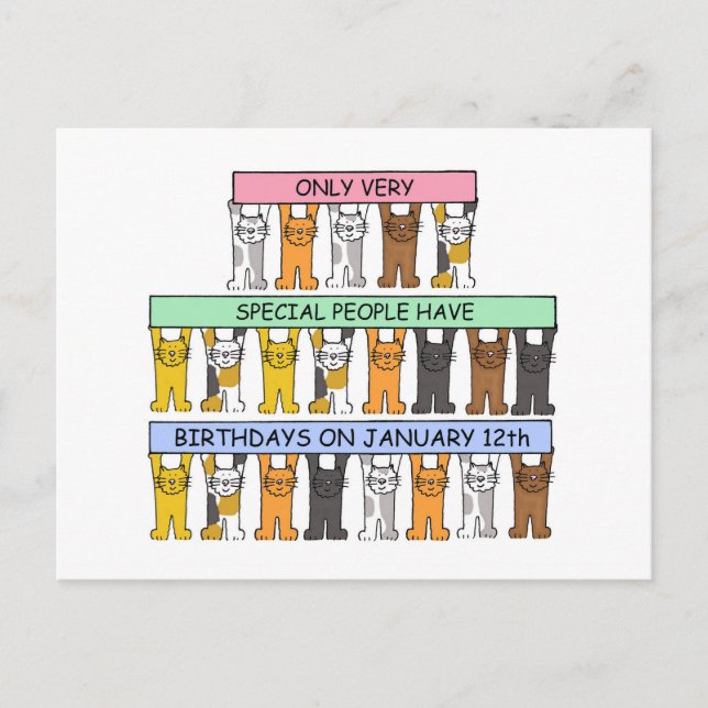 Januari 12:e Birthday Cute Tecknad Cats Vykort (Framsida)