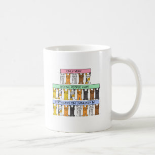 Januari 1st födelsedag, gulliga tecknadCats. Kaffemugg