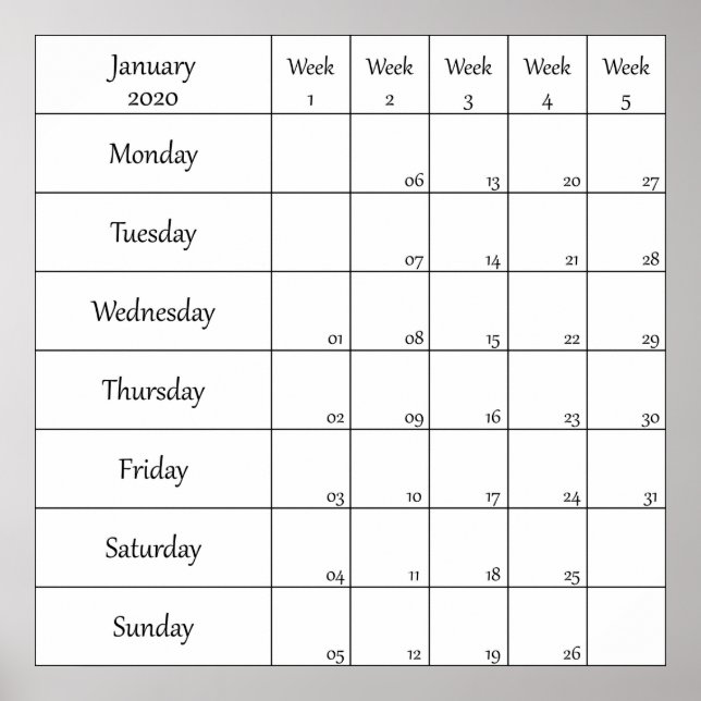 januari 2020 planerarkalender med veckonummer poster (Framsidan)