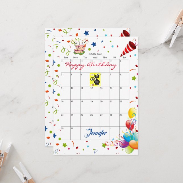 Januari 2022 Kalender Glad födelsedag inbjudan (Fram/Back In Situ)