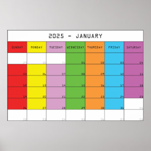 Januari 2025 färgdagar kalender planerare poster