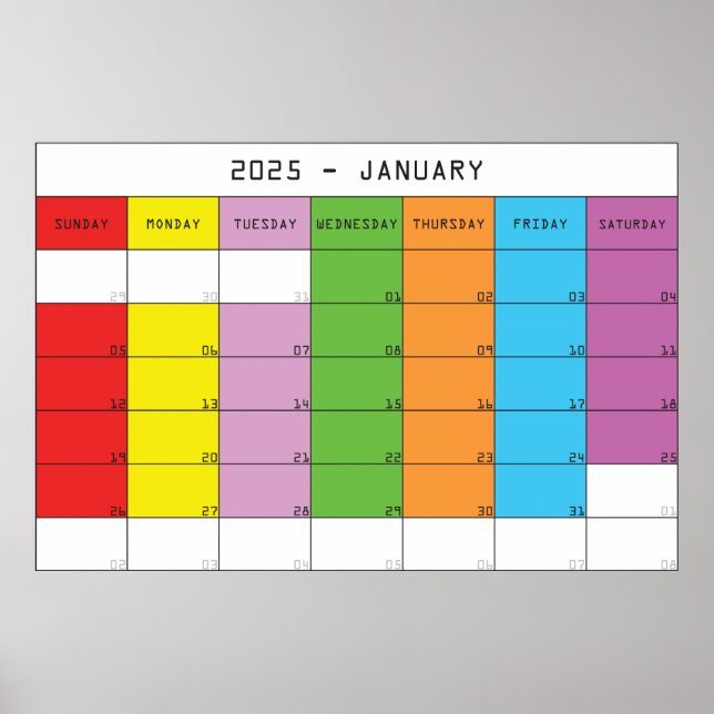Januari 2025 färgdagar kalender planerare poster (Framsidan)