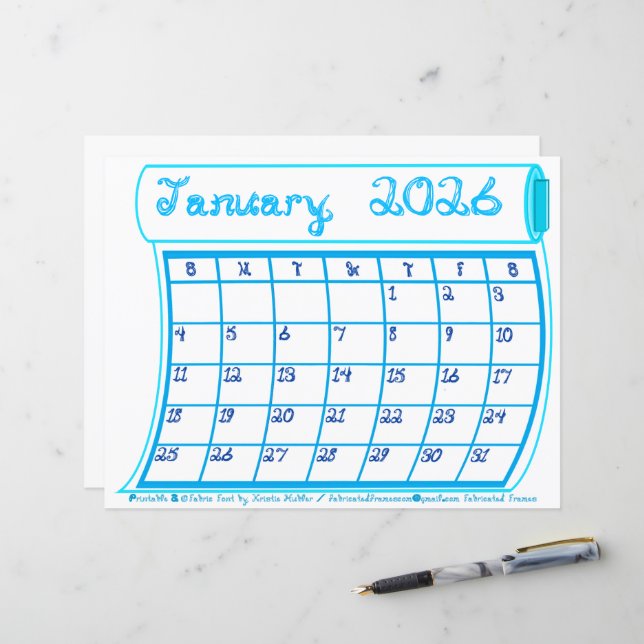 Januari 2026 Kalender Månad Bolt Tyg Font Papper (Fram/Back In Situ)