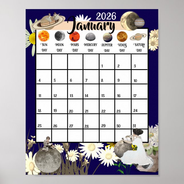 Januari 2026 Månadskalender Astrologisk     Poster (Framsidan)