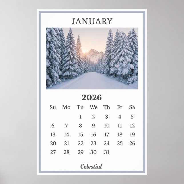 Januari 2026 Snöig Bergs Kalender Sida  Poster (Framsidan)