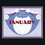 Januari Art Deco Winter Scene med snöberg Poster<br><div class="desc">Efter att ha anpassat sig från vår populära Art Deco-kalender skildrar bilder varje månad på året som om det vore en vintage tvålsetikett. Januari förmedlar kall över vintertid tillsammans med berg och snö.</div>