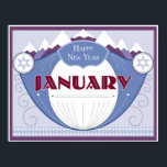 Januari Art Deco Winter Scene med snöberg Poster<br><div class="desc">Efter att ha anpassat sig från vår populära Art Deco-kalender skildrar bilder varje månad på året som om det vore en vintage tvålsetikett. Januari förmedlar kall över vintertid tillsammans med berg och snö.</div>
