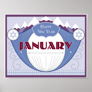Januari Art Deco Winter Scene med snöberg Poster