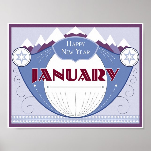 Januari Art Deco Winter Scene med snöberg Poster (Framsidan)