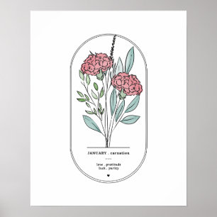 Januari Carnation Bird Flower Skriv ut Poster