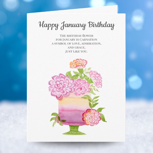 Januari Carnation Birthday Flowers on Cake Kort (Skapare uppladdad)