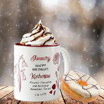 Januari Carnation SnowDrop Birthday Keepsaké Två-Tonad Mugg<br><div class="desc">I januari har vi faktiskt två blommor i firande under födelsedagar denna månad: nejlikor och snödroppar. Den här designen är perfekt för båda. Grånet i januari. Denna utformning visar nejlikblommorna och stenarna tillsammans med mottagarens namn i en garnet färg. Vi har parat den med ett "Grattis på födelsedagen" hälsning, tillsammans...</div>