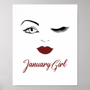 januari Flickan Ögon Cute Red Läppar Wink Birgday Poster