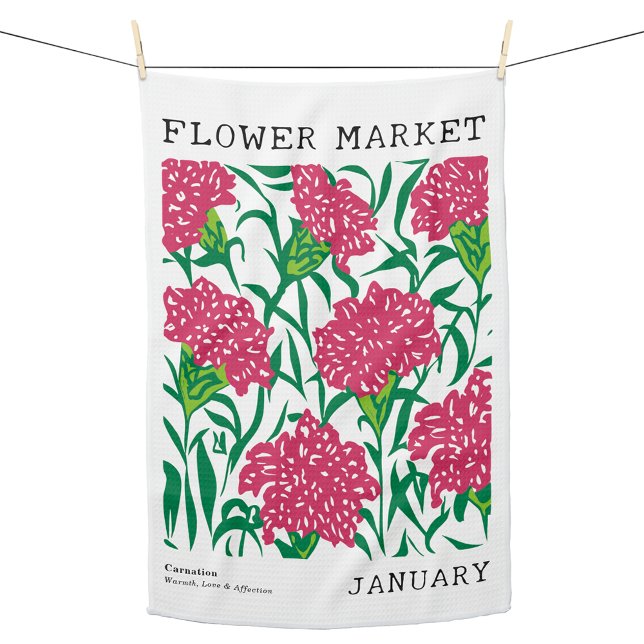 Januari FLOW Grönt och Rosa Carnation Kökshandduk (Personalized January Birth Flower Market Kitchen Towel, Custom Carnation Floral Print Kitchen Towel)