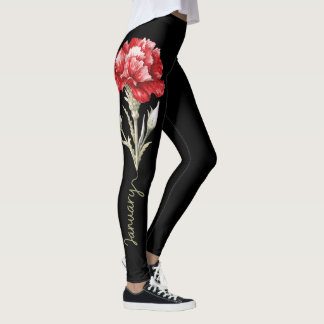Januari Flower, Red Carnation on Black Leggings