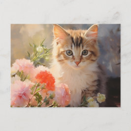 Januari födelsedags nejlikor blommor och kattunge vykort