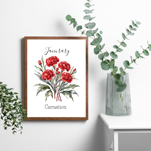 Januari Födelsemånad Blomma Nejlika Födelsedagspre Poster (January Red Carnation Birth Month Flower Poster Print Wall Art. Personalize it)