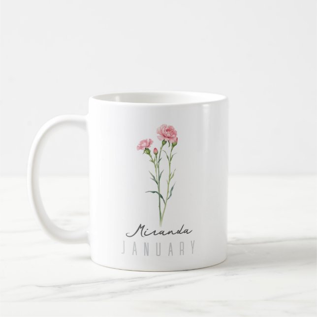 Januari Födelsemånad Flower w/Namn - Carnation Kaffemugg (Vänster)