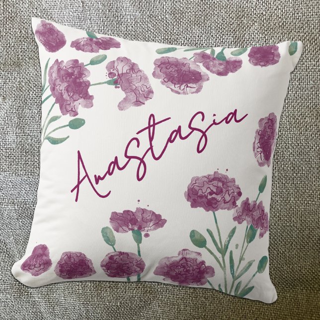 Januari Födelsemånad Nejlikor Personlig Kudde (January birth month flower personalized custom script name watercolor carnation botanical art pillow)