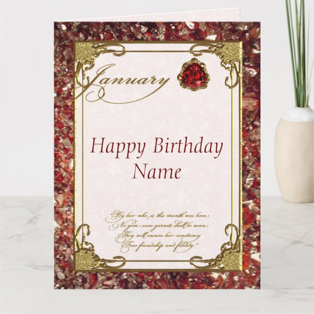 Januari Garnet Birthstone 8.5X11 Birthday Kort (Framsida)