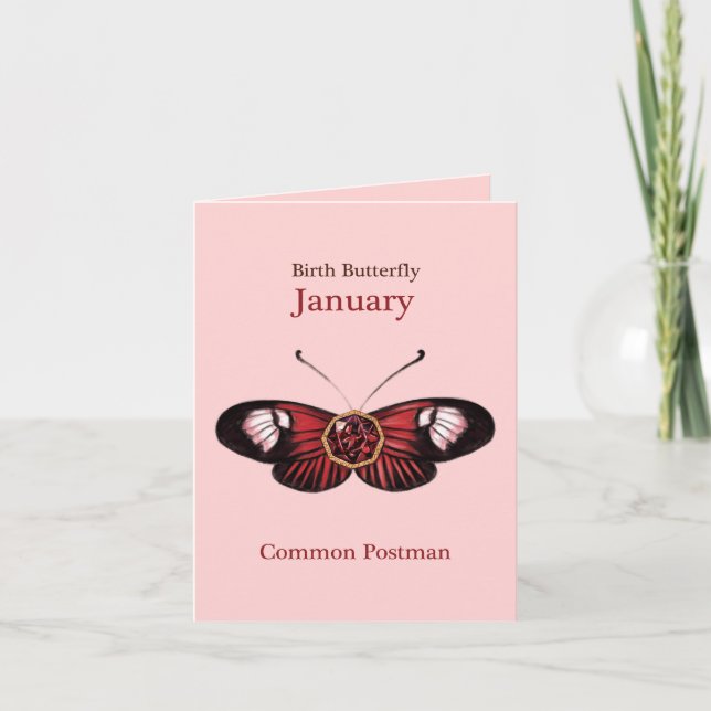 Januari Röd Common Postman Fjäril Illustration Kort (Framsida)