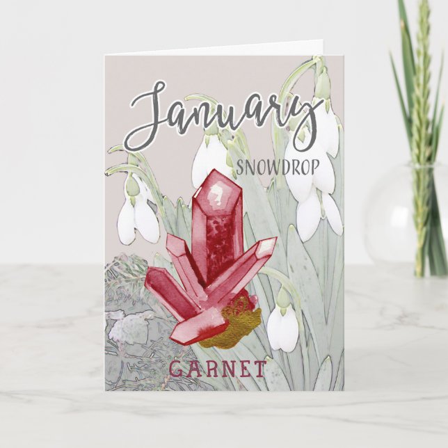 Januari Snödroppar och Garnet Birthday Kort (Framsida)