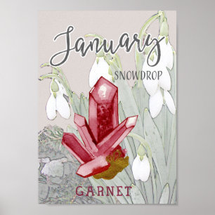 Januari Snödroppar och Garnet Birthday Poster