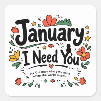 Januari Söt Handritad Typografi Blommig Doodle Fyrkantigt Klistermärke