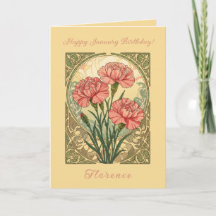 Januarifödelsedag Rosa Nejlikor Art Nouveau-stil Kort