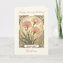 Januarifödelsedagsblomma Rosa Nejlikor Art Nouveau Kort