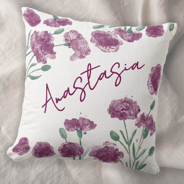 January Birth Month Carnation Personalized Kudde (January birth month flower personalized custom script name watercolor carnation botanical art pillow)