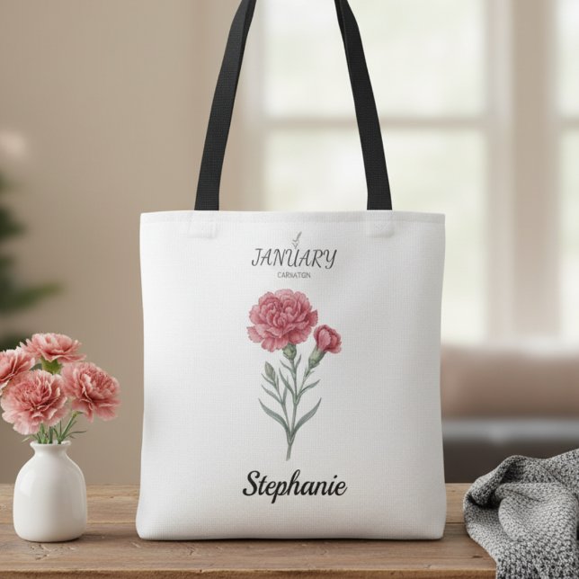 January Birthday Gift Carnation Birth Flower Art Tygkasse (January birth month flower carnation birthday tote bag)